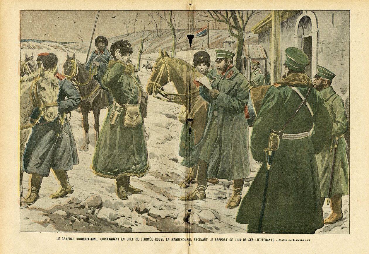 Ilustração de Eugene Damblans (1865-1945) em Le Pelerin, 05/03/05 - General Kuropatkin, comandante-chefe da Armea russa na Manchúria, recebendo o relatório de um de seus tenentes - Rússia, Armea, Manchúria, Guerra russo-japonesa, Neve - General de Eugene Damblans