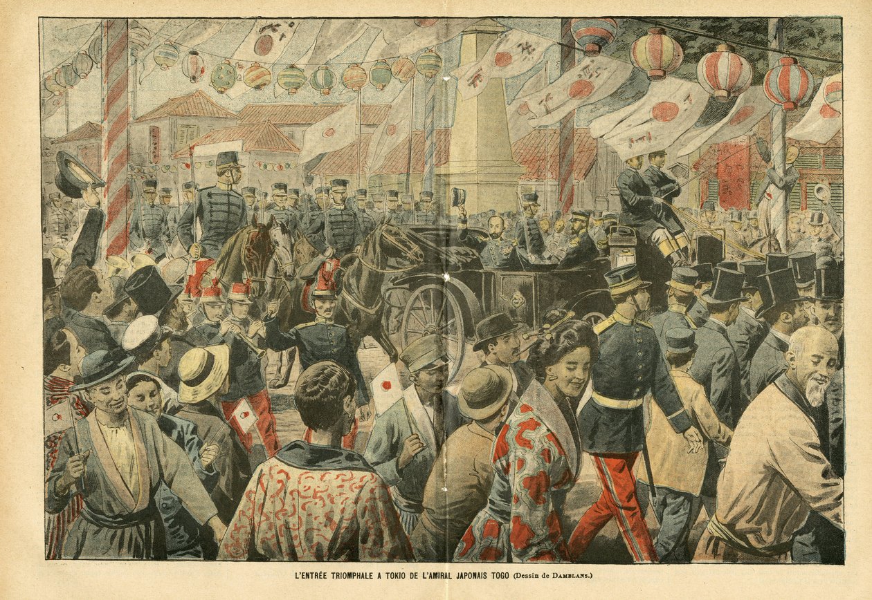Ilustração de Eugene Damblans (1865-1945) em Le Pelerin, 05/11/05 - A entrada triunfal em Tóquio do Almirante Togo japonês - Armee, Japão, Multidão, Tóquio - Almirantes Almirantes, Togo Heihachiro (1848-1934), Civis de Eugene Damblans