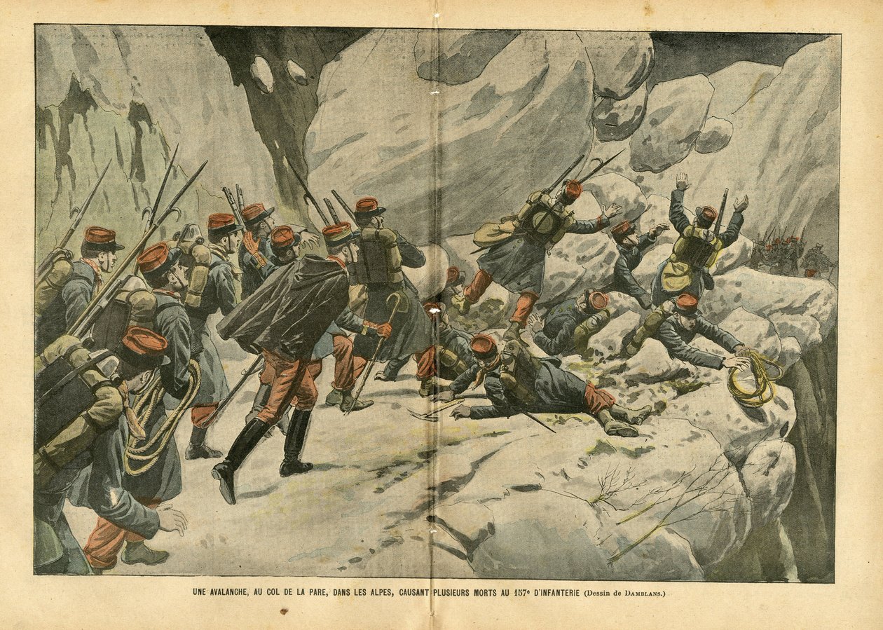 Ilustração de Eugene Damblans (1865-1945) em Le Pelerin, 06/03/04 - Uma avalanche, no desfiladeiro Pare, nos Alpes, causando várias mortes no 157º de Infantaria - Vários fatos, Armee, Escalada de Montanha, Infantaria, Alpes, Avalanche - Soldado de Eugene Damblans