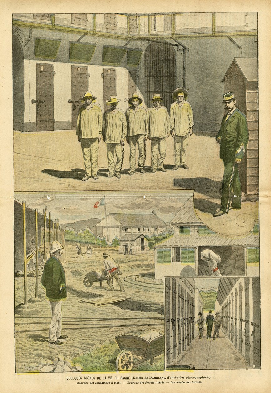Ilustração de Eugene Damblans (1865-1945) em Le Pelerin, 07/05/05 - Algumas cenas da vida do Bagne - Prisões, Bagnes, Forças de Trabalho - Prisioneiros, Guardas Prisionais de Eugene Damblans