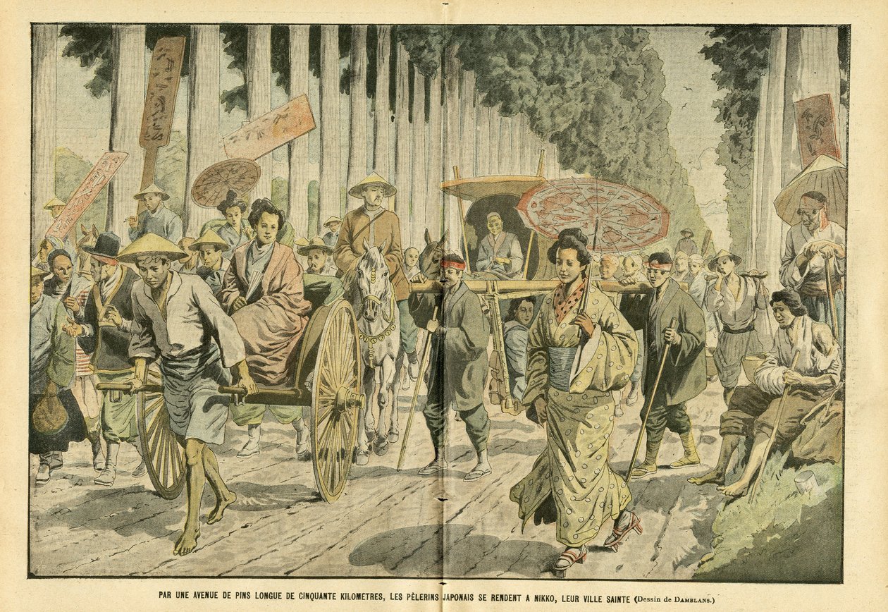 Ilustração de Eugene Damblans (1865-1945) em Le Pelerin, 09/04/05 - Por uma avenida de 50 km de Pines, os pelerins japoneses vão até Nikko, sua cidade sagrada - Religion Faith, Japan, Fashion, Tree, Nikko - Pelerinages de Eugene Damblans
