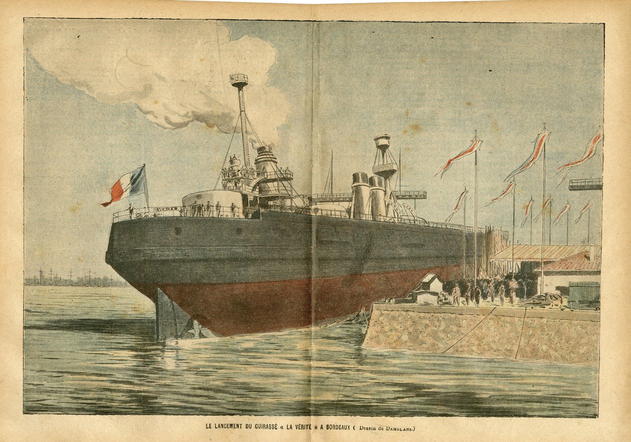 Ilustração de Eugene Damblans (1865-1945) em Le Pelerin, 09/06/07 - O lançamento da couraça "La Verite" em Bordeaux - Maritime Nautique Balneaire, Port, Bordeaux, Inauguração, Cuirasse de Eugene Damblans