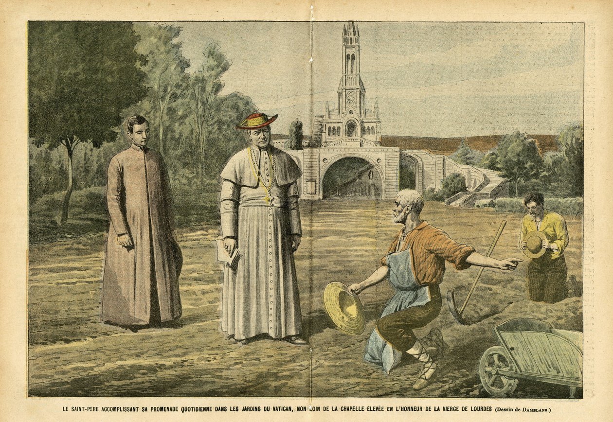 Ilustração de Eugene Damblans (1865-1945) em Le Pelerin, 20/08/05 - O Santo Padre realizando seu passeio diário nos jardins do Vaticano, não muito longe da capela erguida em honra da Virgem de Lourdes - Religião Fé, Agricultura, Vaticano, Católica de Eugene Damblans