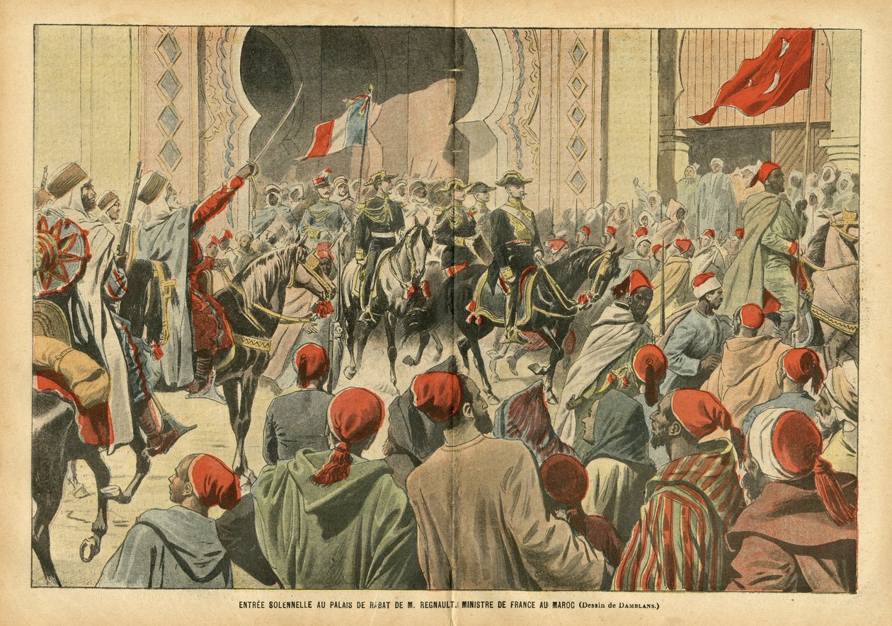 Ilustração de Eugene Damblans (1865-1945) em Le Pelerin, 20/10/07 - Entrada solene no Palais de Rabat pelo Sr. Regnault, Ministro da França em Marrocos - Colonização Colónias Colonialistas, Arquitectura Urbanismo, Marrocos, Visita Oficial - Regnault Euge de Eugene Damblans