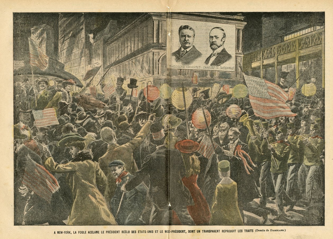 Ilustração de Eugene Damblans (1865-1945) em Le Pelerin, 20/11/04 - Em Nova Iorque, a multidão aplaude o presidente reeleito dos Estados Unidos e o vice-presidente, cuja transparência reproduz as características - America USA, Elections, Architecture Urban de Eugene Damblans
