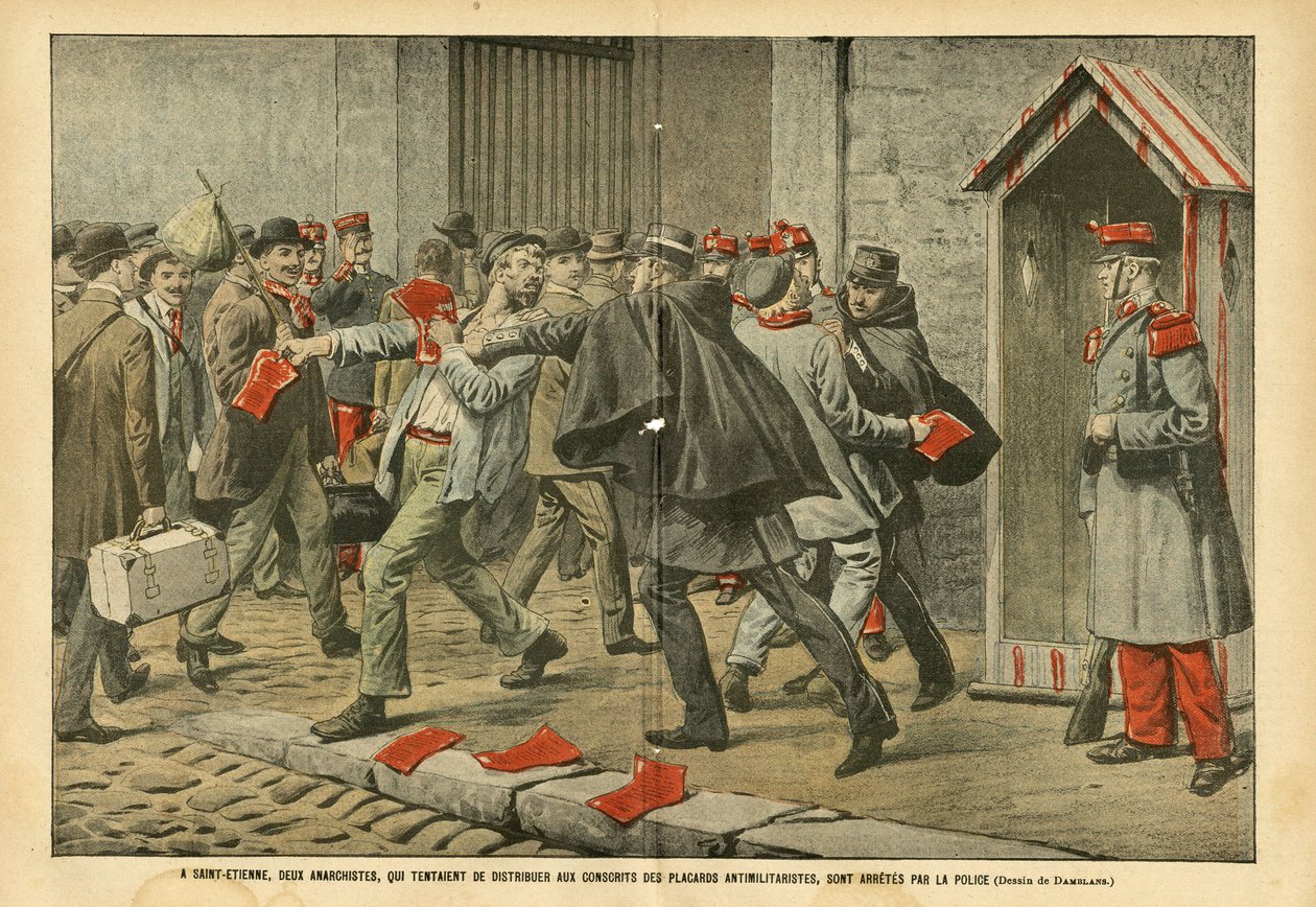 Ilustração de Eugene Damblans (1865-1945) em Le Pelerin, 22/10/05 - Em Saint-Etienne, dois anarquistas que tentaram distribuir guarda-roupas anti-militares aos recrutas, foram presos pela polícia - Antimilitarismo, Anarquismo Anarquista, Armee, Polícia, Sa de Eugene Damblans