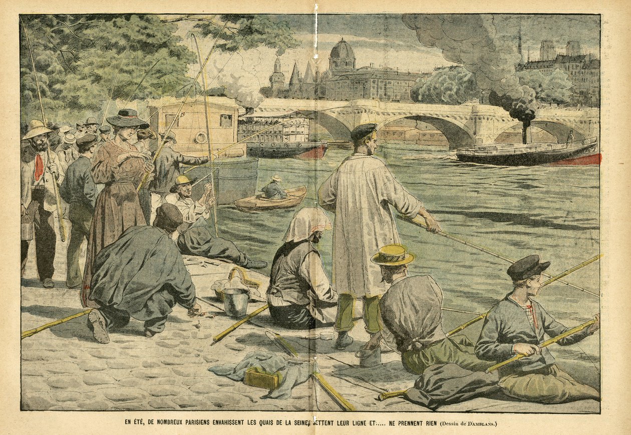 Ilustração de Eugene Damblans (1865-1945) em Le Pelerin, 23/06/05 - No verão, muitos parisienses invadem as margens do Sena e jogam sua linha e... não levam nada - Loisirs, Paris, Pecher Pecheur, Pont, Sena (rio), Ete, Peniche, Canne a fish de Eugene Damblans