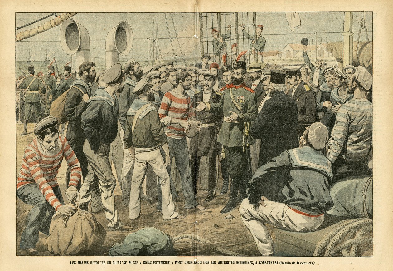 Ilustração de Eugene Damblans (1865-1945) em Le Pelerin, 23/07/05 - Os marinheiros revoltados do navio de guerra russo Kniaz-Potemkin fazem sua rendição às autoridades romenas em Constantza - Rússia, Marinha marítima, Romênia, Revolução de 1905, de Eugene Damblans