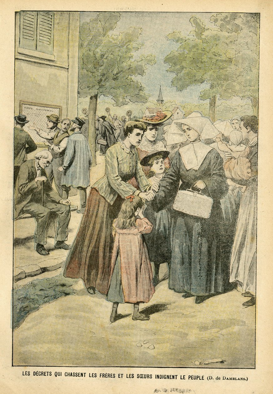 Ilustração de Eugene Damblans (1865-1945) em Le Pelerin, 24/07/04 - Decretos que expulsam irmãos e irmãs indignam o povo - Ensino, Fé Religiosa, Multidão, Catolicismo Católico - Separação da Igreja e do Estado, Despejos de Religiosos, Ensinar de Eugene Damblans