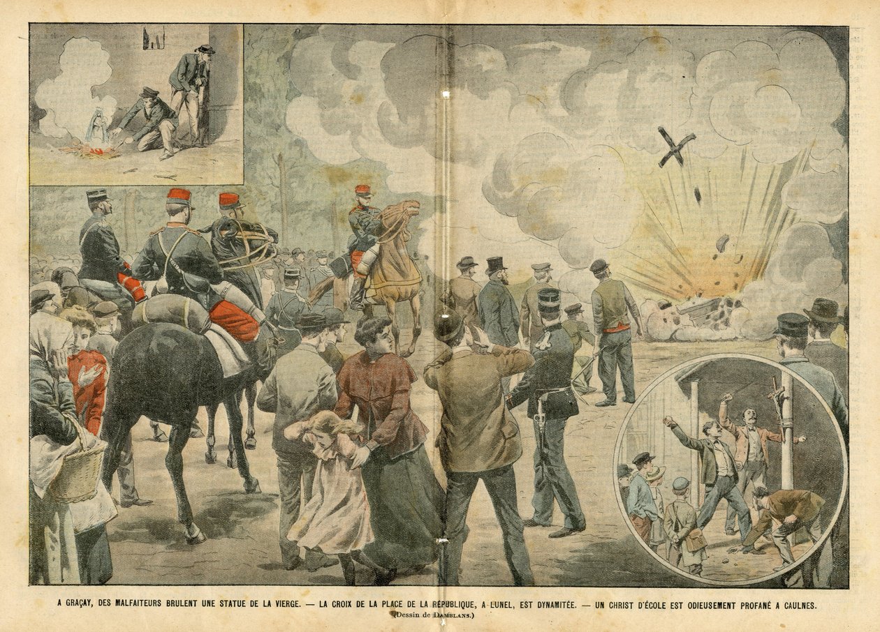 Ilustração de Eugene Damblans (1865-1945) em Le Pelerin, 25/09/04 - Em Gracay, criminosos queimam uma estátua da virgem - A crosta da Place de la Republique é dinamitee um Cristo da escola é odiamente profano em Caulnes - Anticlericalismo, Fé Religiosa de Eugene Damblans