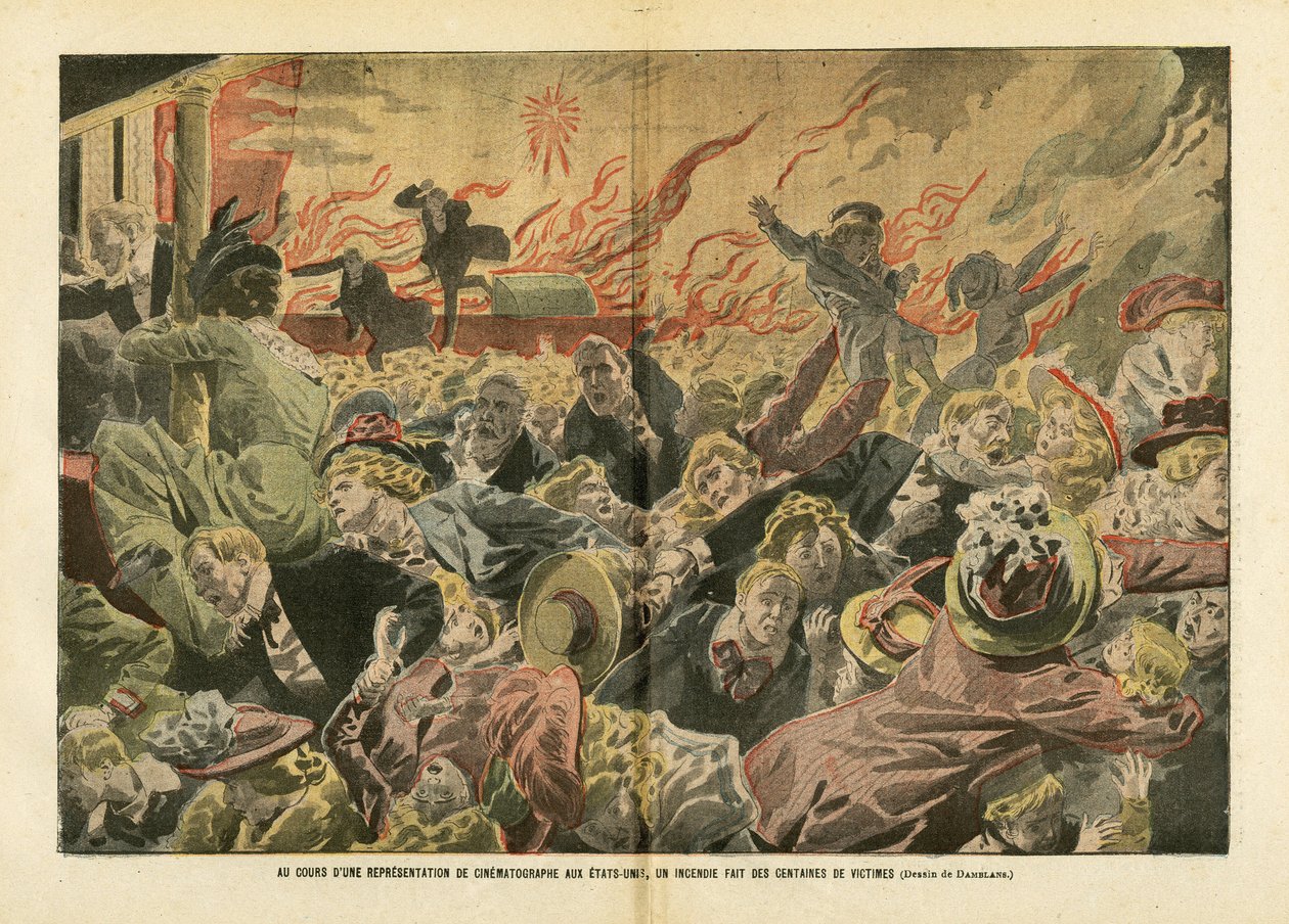 Ilustração de Eugene Damblans (1865-1945) em Le Pelerin, 26/01/08 - Durante uma atuação de cineasta nos Estados Unidos, centenas de vítimas foram mortas em um incêndio - America USA USA, Fatos diversos, Cinema, Multidão, Fogo de Eugene Damblans