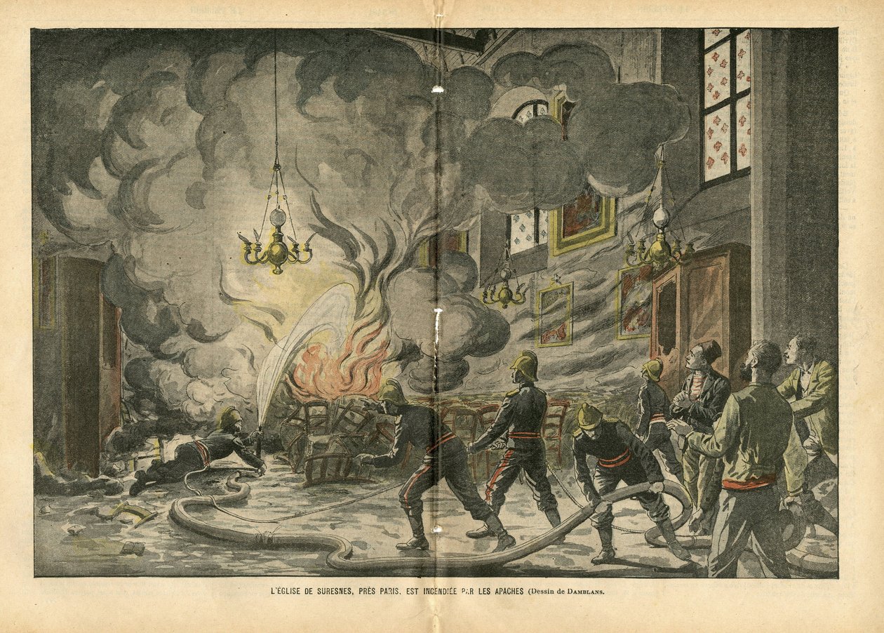 Ilustração de Eugene Damblans (1865-1945) em Le Pelerin, 26/06/04 - A igreja de Suresnes, perto de Paris, é queimada pelos Apaches - Fatos diversos, Religião Fé, Insecurite, Igrejas Cathedrale, Fogo, Suresnes, Catolicismo Católico - Apaches proxen de Eugene Damblans