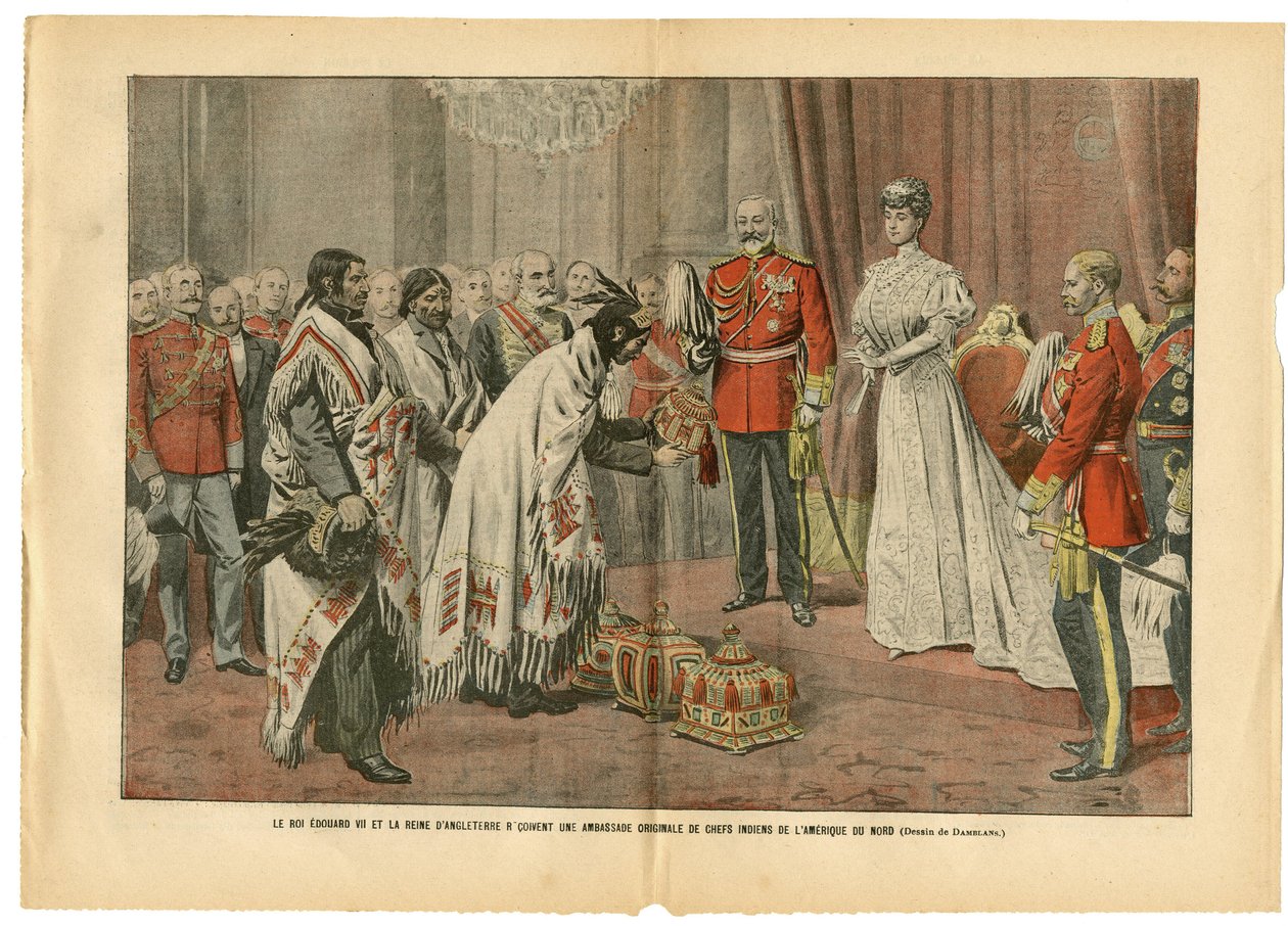 Ilustração de Eugene Damblans (1865-1945) em Le Pelerin, 26/08/06 - O Rei Eduardo e a Rainha de Inglaterra... - América EUA EUA, Inglaterra Grã-Bretanha, Visita Oficial - Edward VII (1841-1910), Victoria, Índios dos Ameríndios de Eugene Damblans