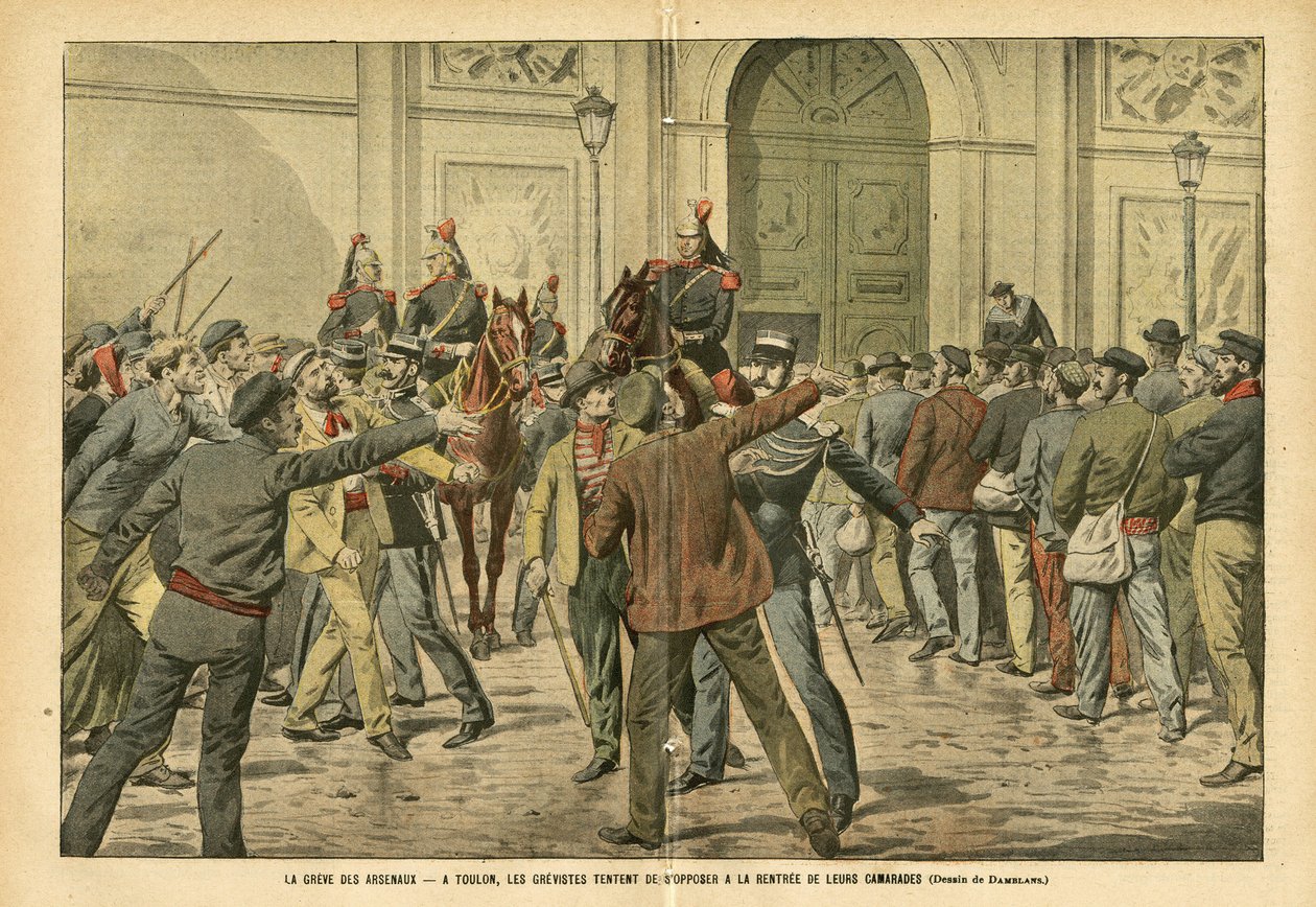 Ilustração de Eugene Damblans (1865-1945) em Le Pelerin, 26/11/05 - A greve dos arsenais Em Toulon, os grevistas tentam se opor ao aluguel de seus camaradas - Social, Greve, Arquitetura Urbanismo, Marítimo Náutico Náutico Balneaire, Toulon, Arsenal ar de Eugene Damblans