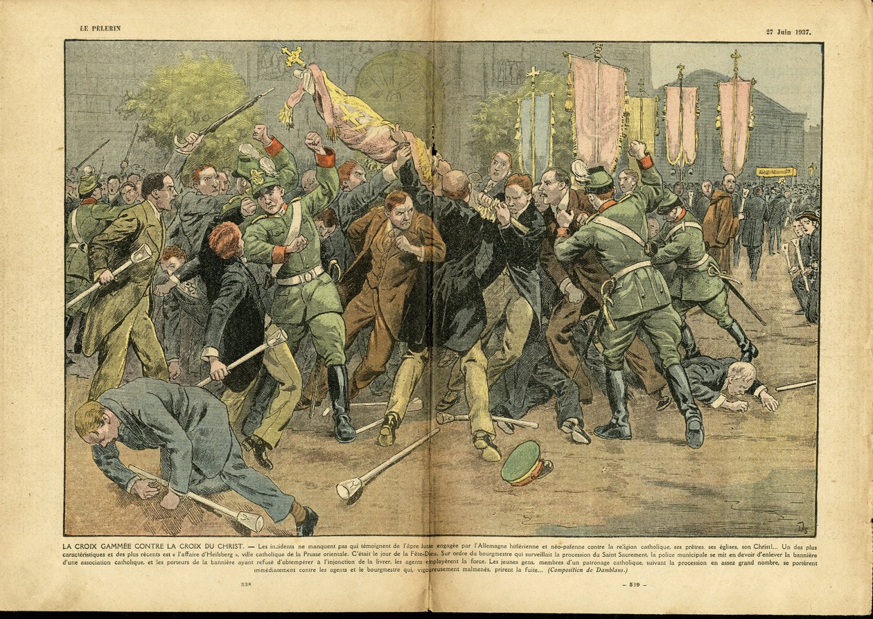 Ilustração de Eugene Damblans (1865-1945) em Le Pelerin, 27/06/37 - A cruz gammee contra a cruz de Cristo na Alemanha Hitleriana - Alemanha Prússia, Fé Religiosa, Multidão, Luta, Direita, Cruz Gammee, Cruz Cristã, Catolicismo Católico - Vendido de Eugene Damblans