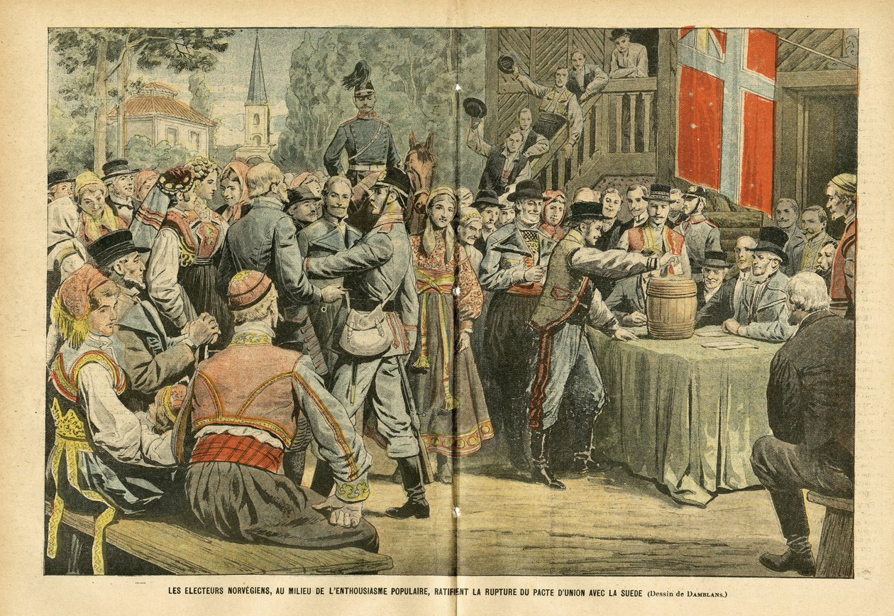 Ilustração de Eugene Damblans (1865-1945) em Le Pelerin, 27/08/05 - As eleições norueguesas, em meio ao entusiasmo popular, ratificam a quebra do pacto sindical com a Suécia - Eleições, Arquitetura Urbana, Multidão, Suécia, Noruega - Urna de Eugene Damblans