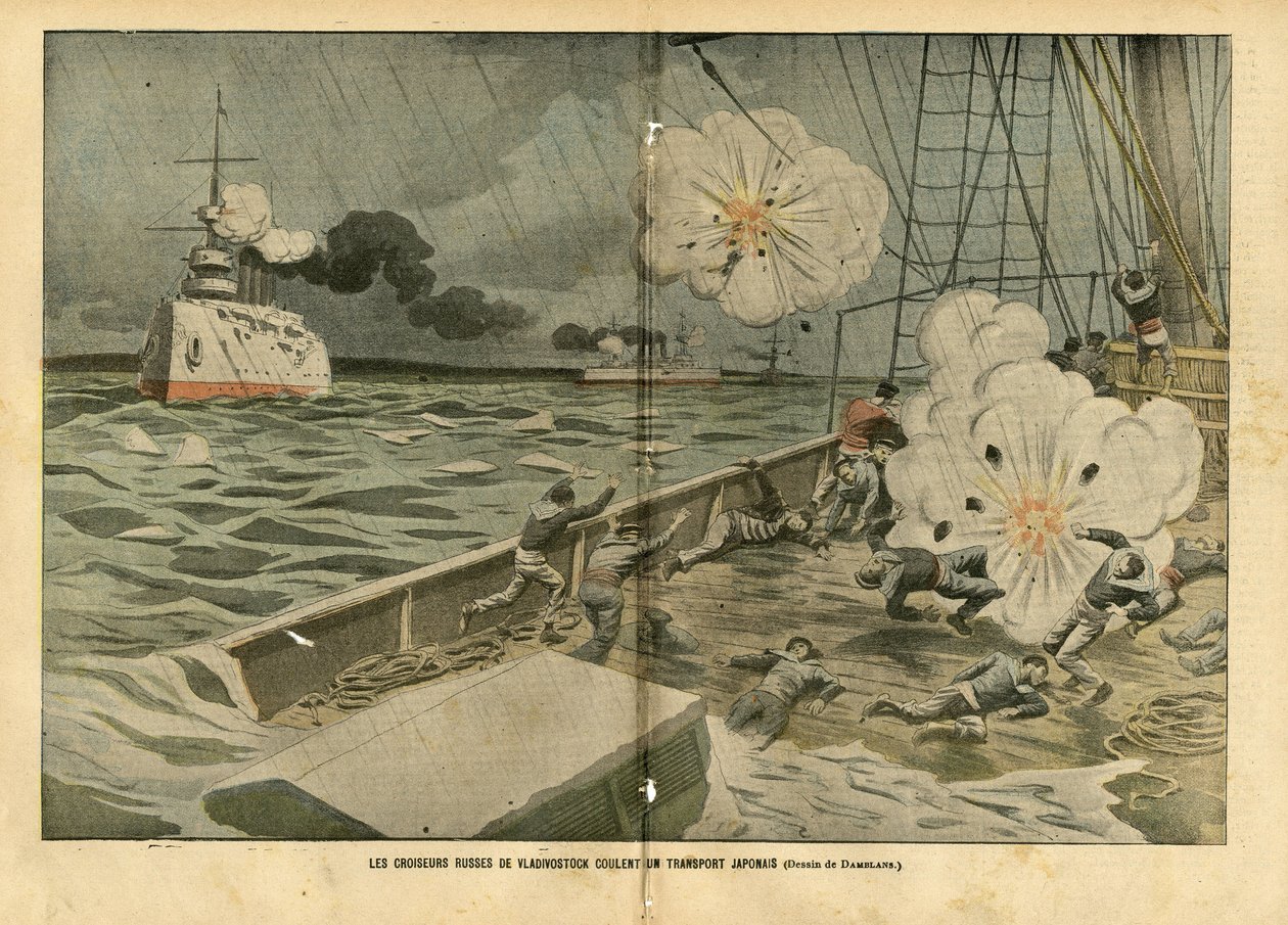 Ilustração de Eugene Damblans (1865-1945) em Le Pelerin, 28/02/04 - Os cruzadores russos de Vladivostok afundam um transporte japonês - Armee, Marine Seaside, Guerra Rússia-Japão, Navios de guerra, Vladivostok - Marinheiros, marinheiros de Eugene Damblans