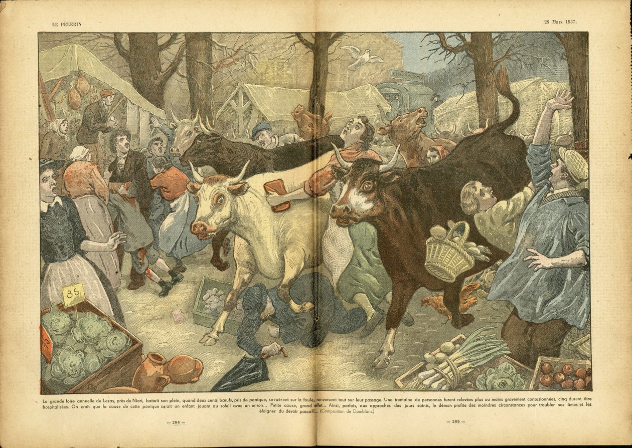 Ilustração de Eugene Damblans (1865-1945) em Le Pelerin, 28/03/37 - A grande feira anual de Lezay perto de Niort - Fatos diversos, Economia, Multidão, Lojas, Agricultura, Leguminosas - Vaca, Carne bovina, Camelot - Vendedor ambulante de Eugene Damblans