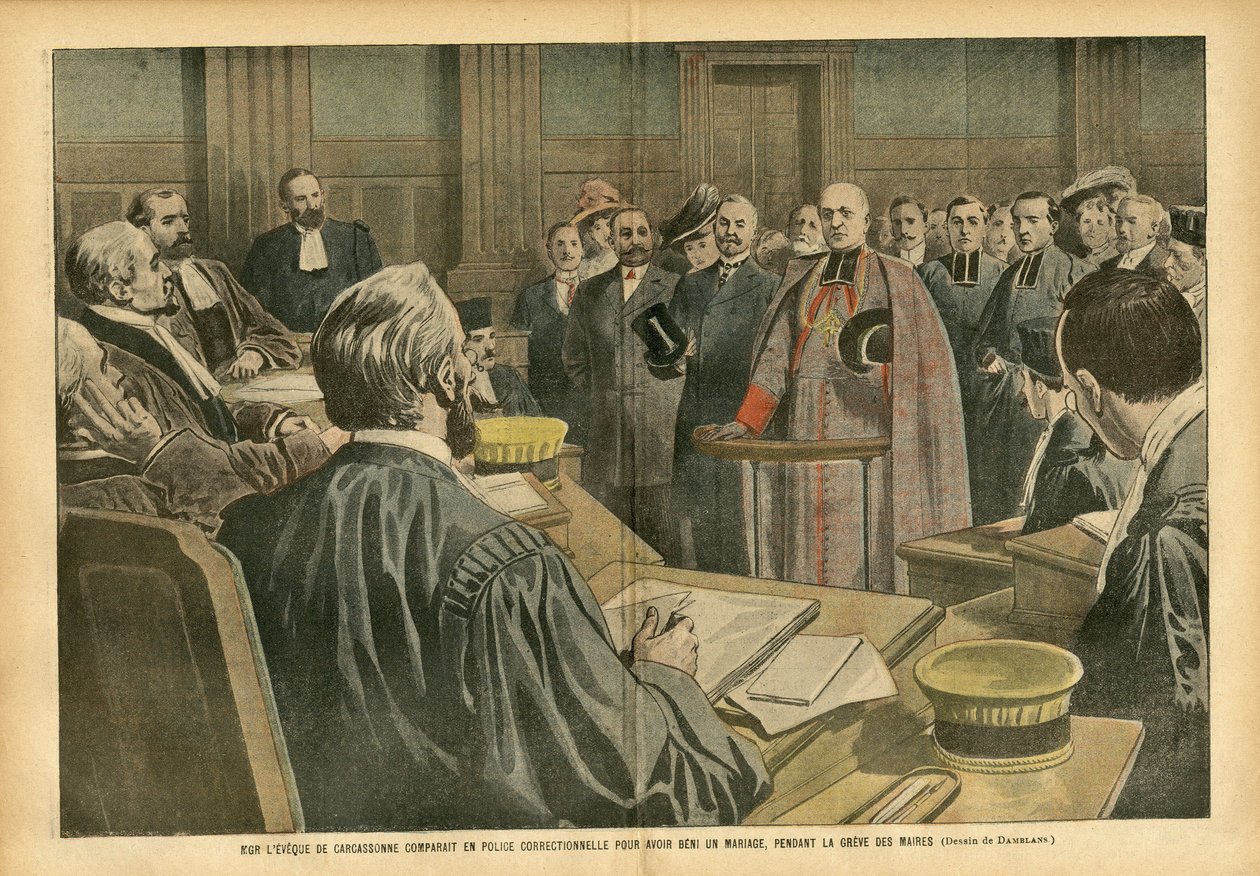Ilustração de Eugene Damblans (1865-1945) em Le Pelerin, 28/07/07 - A eveque de MGR Carcassonne comparada a uma polícia correcional por ter abençoado um casamento, durante a greve dos prefeitos - Processo de Justiça, Fé Religiosa, Casamento, Carcassonne, C de Eugene Damblans