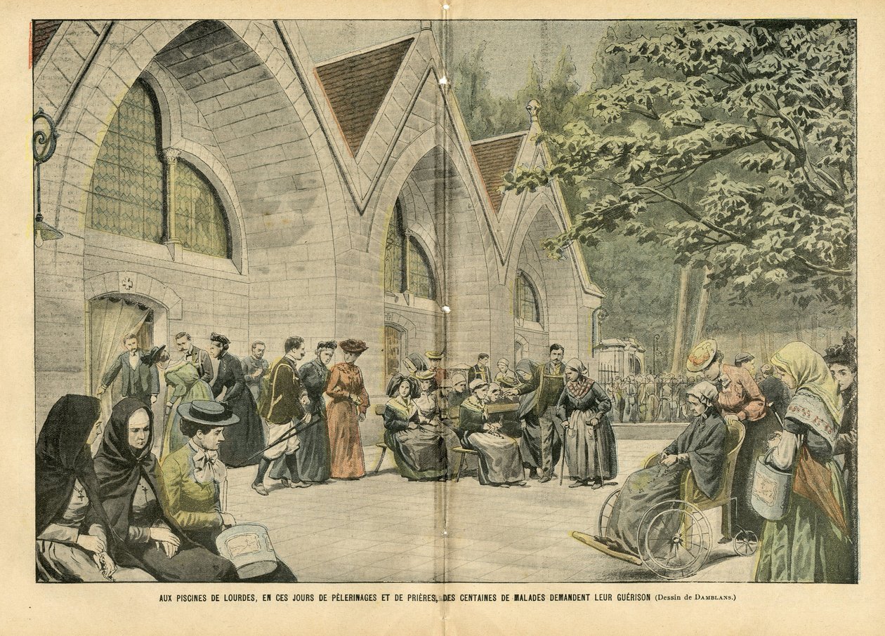 Ilustração de Eugene Damblans (1865-1945) em Le Pelerin, 28/08/04 - Nas piscinas de Lourdes, nestes dias de pelerinatos e orações, centenas de doentes pedem a sua guerra - Médica, Religião Fé, Arquitectura Urbanismo, Catolicismo de Eugene Damblans