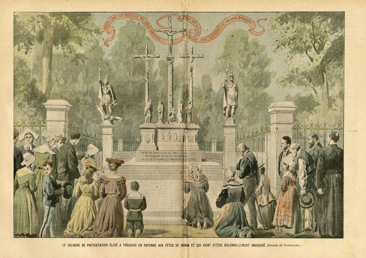 Ilustração de Eugene Damblans (1865-1945) em Le Pelerin, 29/05/04 - O calvário de protesto levantado em Treguier em resposta às festas de Renan e que acaba de ser solenemente inaugurado - Religion Faith, Brittany, Treguier, Catholic Catholicism - Pro de Eugene Damblans