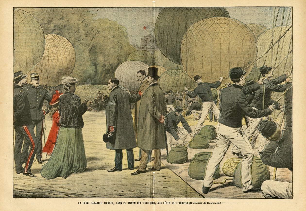 Ilustração de Eugene Damblans (1865-1945) em Le Pelerin, 29/10/05 - A Rainha Ranavalo assiste, no Jardim das Tuileries, à festa do Aero-Clube - Aeronave zeppelins de balões, Paris, Madagascar, Jardim Público, Soberanos Estrangeiros, Tuileries - Ranava de Eugene Damblans