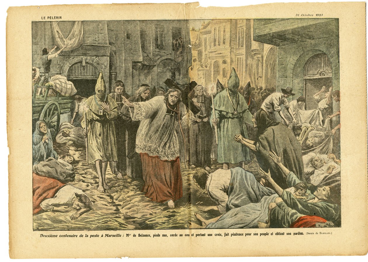 Ilustração de Eugene Damblans (1865-1945) em Le Pelerin, 31/10/20 - Segundo centenário da peste em Marselha - Medicina, Fé Religiosa, Marselha, Peste, Catolicismo Católico - Procissão de Eugene Damblans