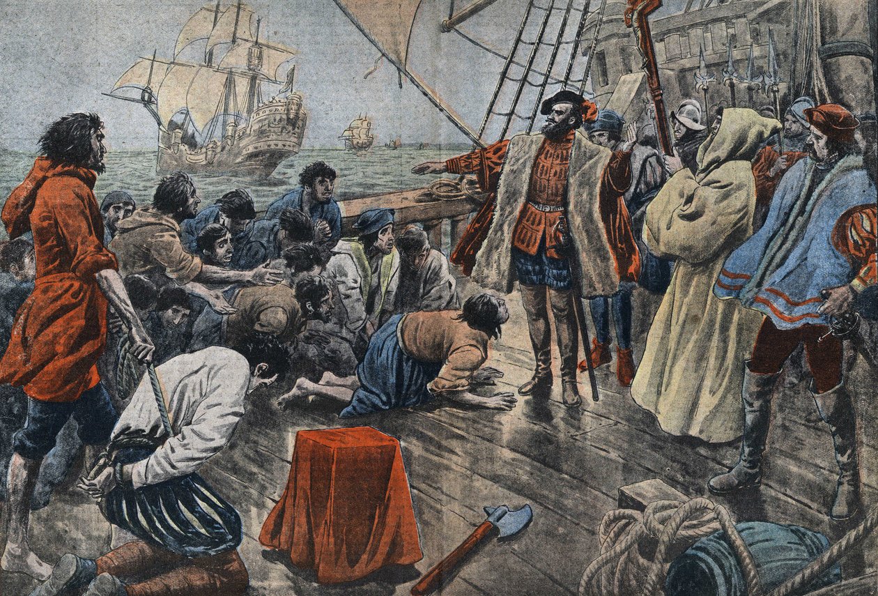 Ilustração da tripulação de Fernão de Magalhães jurando-lhe fidelidade numa cruz após um insucesso motim - Fernão de Magalhães (1480-1521), navegador português acalma uma sedição da sua tripulação e depois de o perdoar fá-lo jurar lealdade de Eugene Damblans