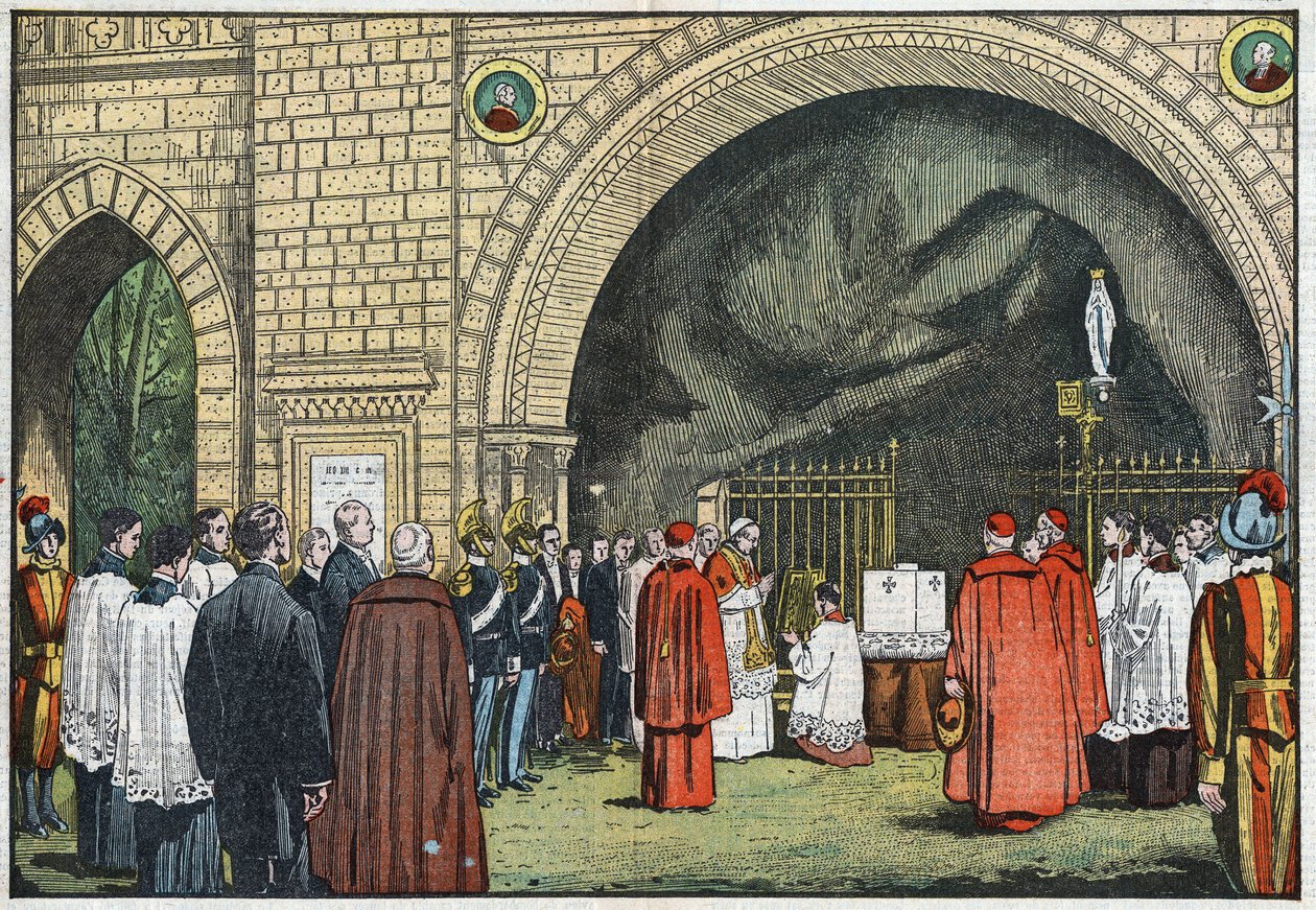 Diante da "Gruta de Lourdes", nos jardins do Vaticano, o Papa Pio XI abençoou a primeira pedra do Colégio de Propaganda que se ergueria sobre o Janicule. Ilustração de Damblans. Em "Le Pelerin", de 3 de junho de Eugene Damblans