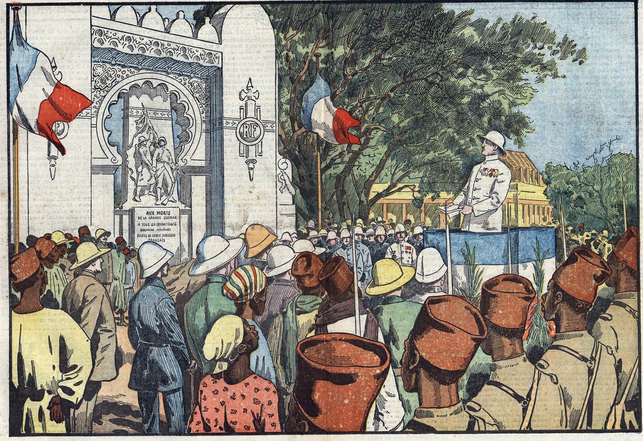 Inauguração em Dakar, por André Maginot (1877-1932), Ministro das Colônias, do monumento aos trinta mil mortos da África Ocidental francesa. Ilustração de Damblans. Em "Le Pelerin" de 10 de março de Eugene Damblans
