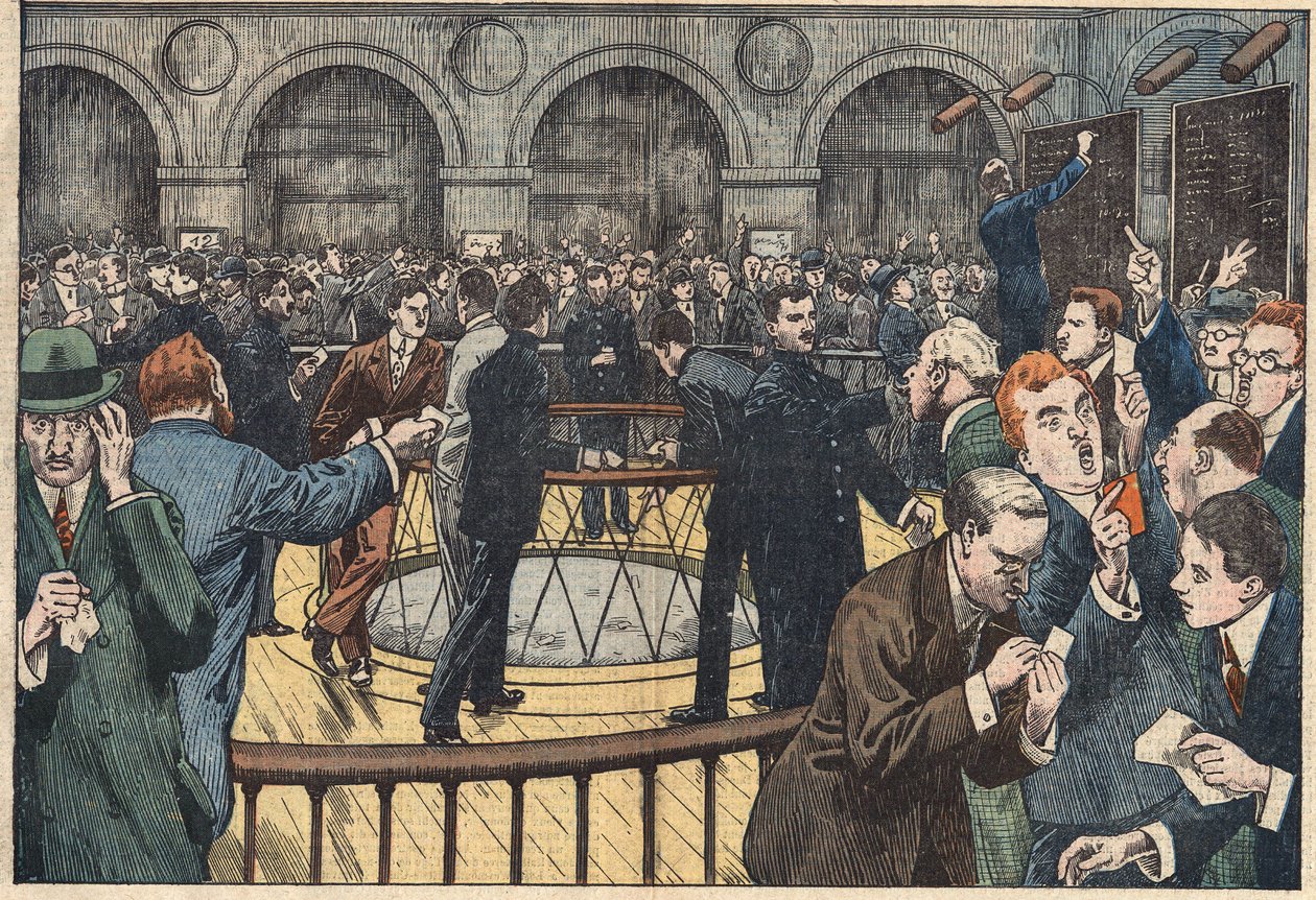 Vista interna da Bolsa de Valores de Paris. Ilustração de Damblans. Em "Le Pelerin" de 5 de Dezembro de Eugene Damblans