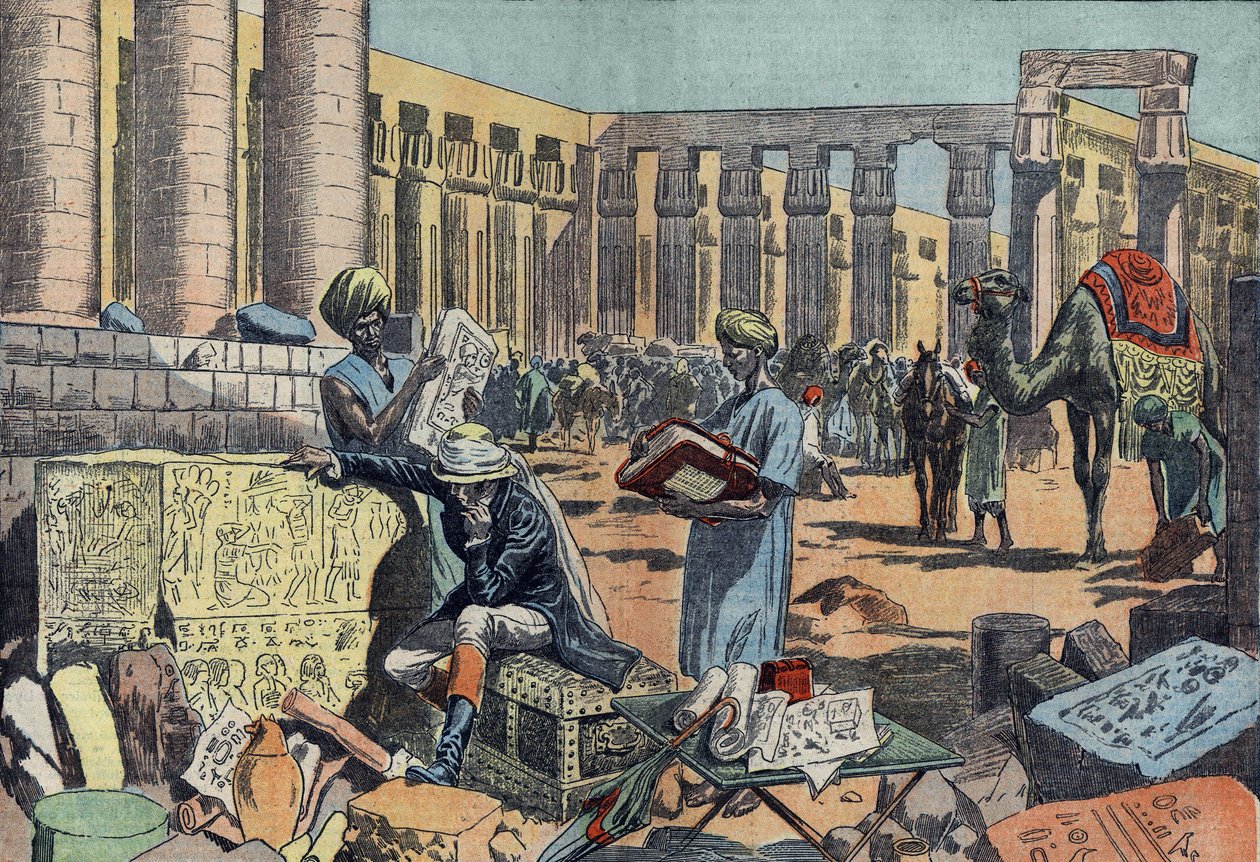 Jean Francois (Jean-Francois) Champollion (1790-1832), egyptologista francês, estudando uma inscrição entre as colunatas de Tebas. Gravura a partir de 1923. Desenho de Damblans. de Eugene Damblans