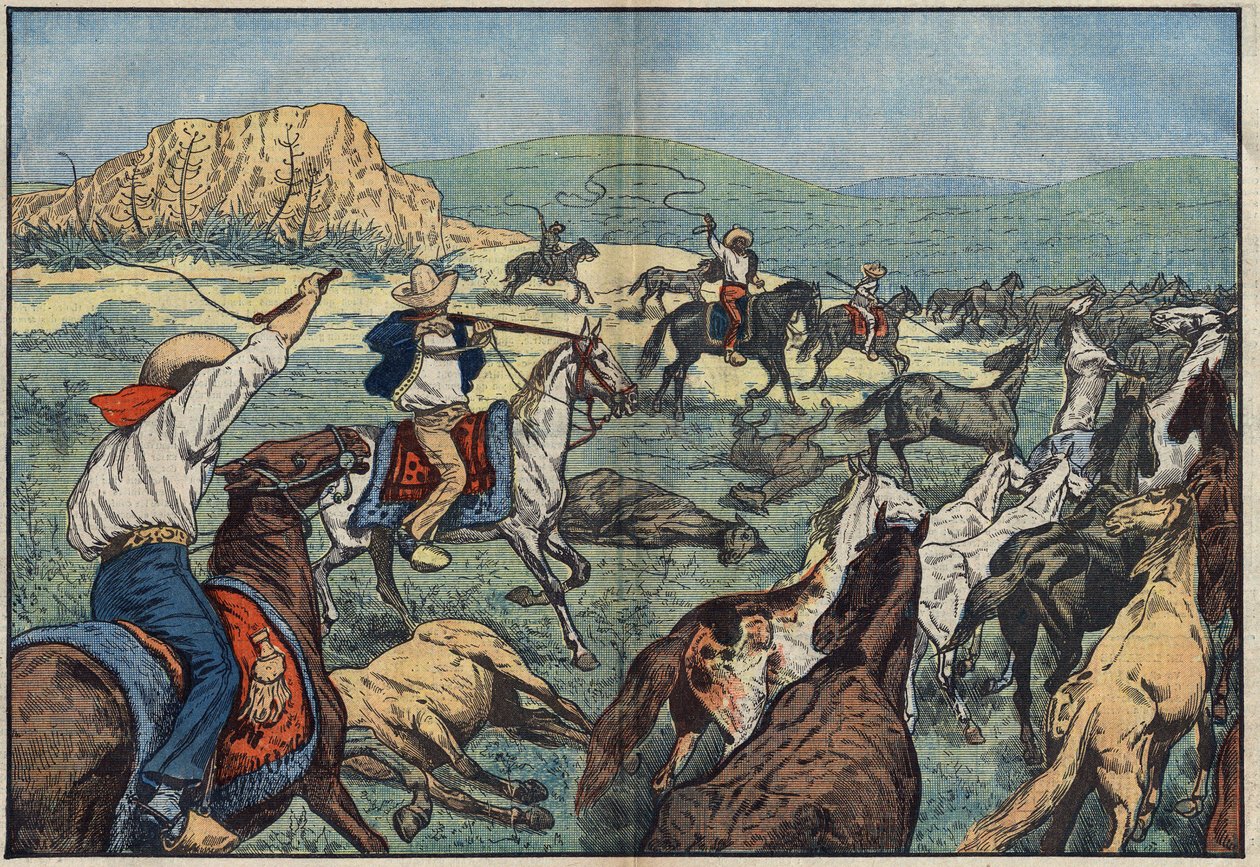 Os agricultores mexicanos estão matando cavalos selvagens para evitar a escassez de alimentos em seu país. El Paso Plains, México. Ilustração de Damblans. Em "Le Pelerin", de 6 de outubro. de Eugene Damblans