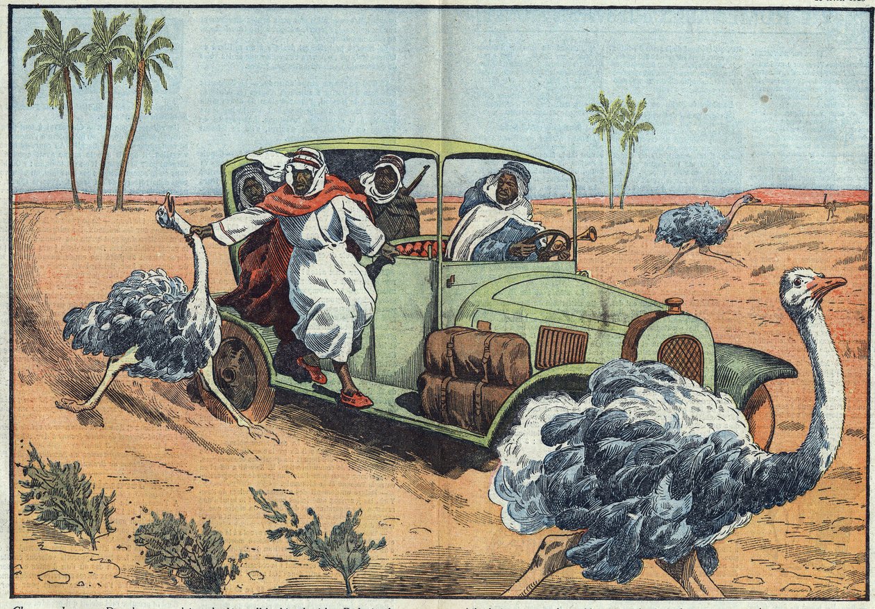 Caça moderna: No deserto da Arábia, os beduínos ricos levam os jovens austríacos a capturá-los vivos. Ilustração de Damblans. Em "Le Pelerin" de 16 de Abril de Eugene Damblans