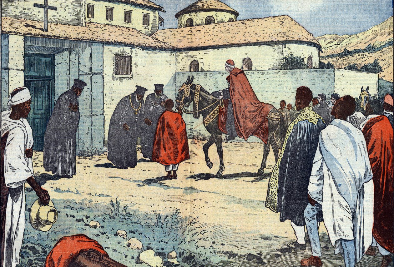 Dom Lepicier, da Ordem dos Servos de Maria, arcebispo de Tarso, foi recebido no mosteiro copta de Debre-Bizen por ocasião de uma visita apostólica à Abissínia (Etiópia). Ilustração de Damblans. Em "Le Pelerin" de 21 de agosto de Eugene Damblans