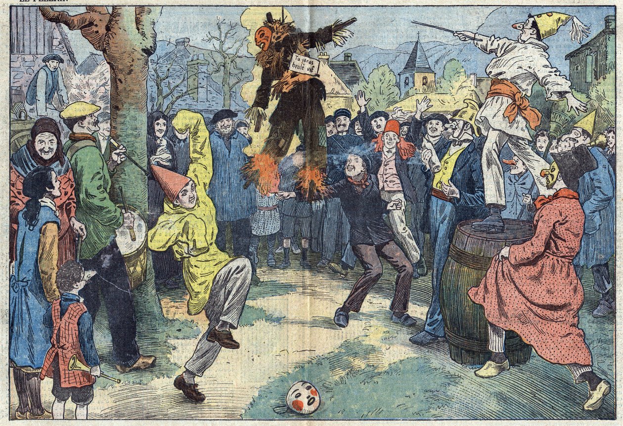 Antigos costumes: a cremação do "Carnaval", na noite de Carnaval (Mardi-Gras), representa os prazeres e o bom e querido abandono no limiar do Careme. Ilustração de Damblans. Em "Le Pelerin" de 16 de março de Eugene Damblans