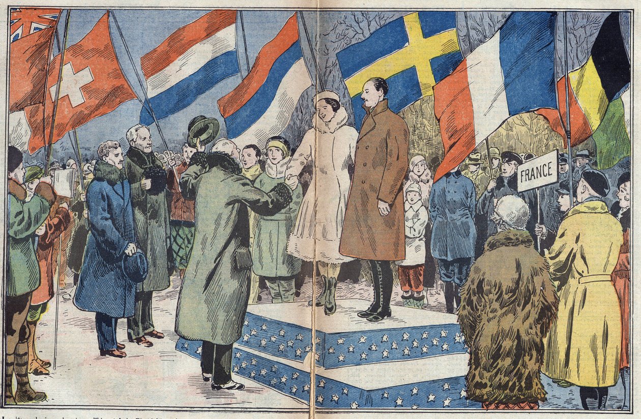 Jogos Olímpicos de Inverno (1932) - cerimônia de encerramento: os patinadores franceses M. e Sra. Brunet Joly (Brunet-Joly), campeões olímpicos, são parabenizados pelo júri. Lake Placid, EUA. Ilustração de Damblans. No "Le Pelerin" de 18 de março de Eugene Damblans