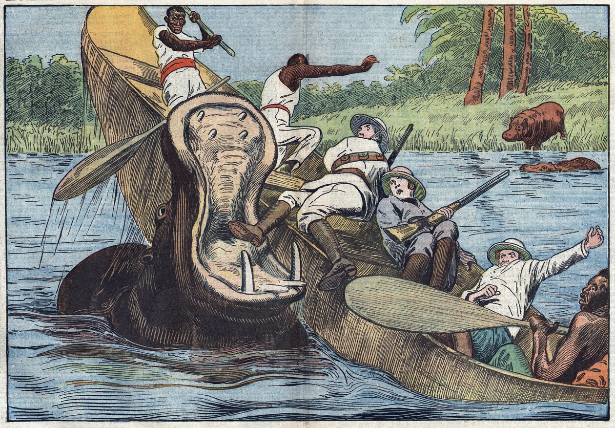 No Lago Vitória, África, um barco ocupado por missionários anglicanos e indígenas é virado por um hipopótamo ferido. Ilustração de Damblans. No "Le Pelerin" de 16 de maio de Eugene Damblans