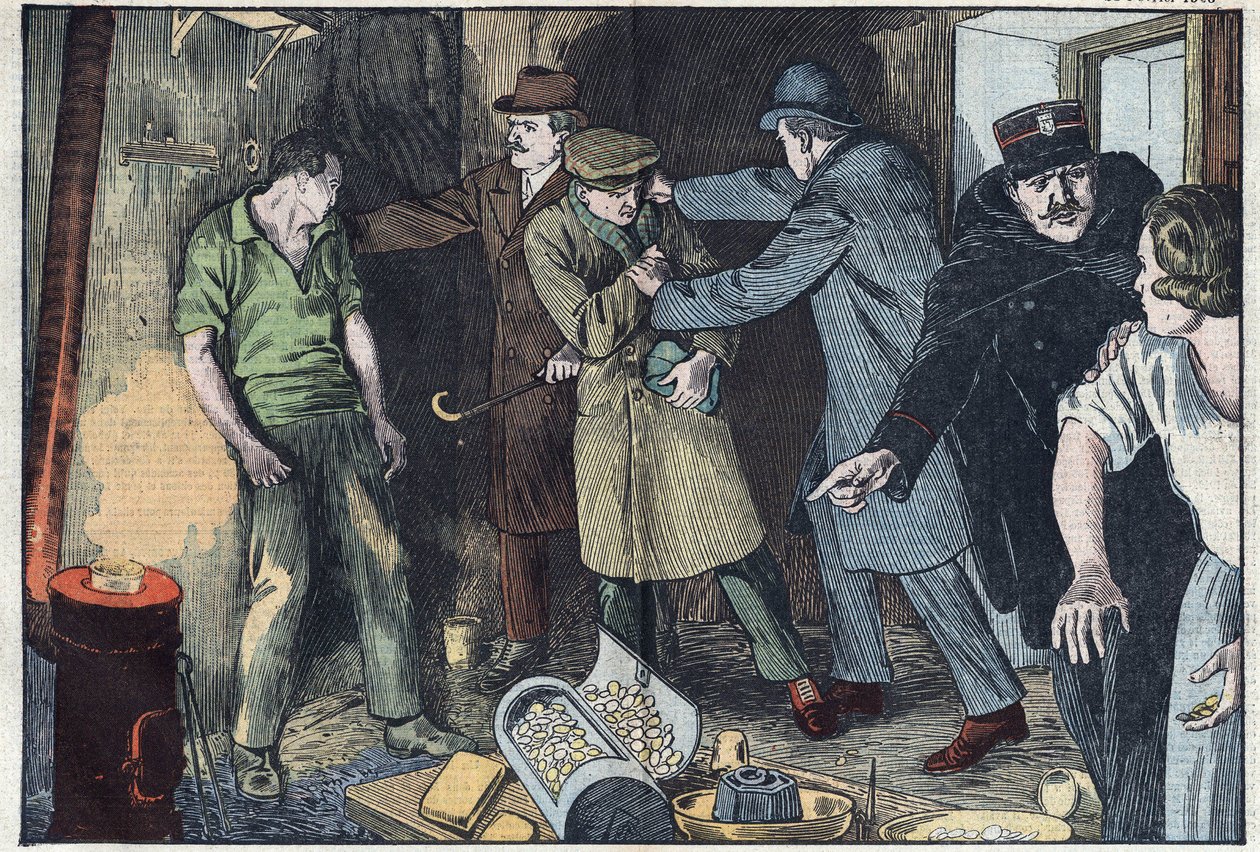Surpresa policial em esquiadores parisienses que afundaram em seu cadinho por vários milhões de moedas de ouro e prata. Ilustração de Damblans. No "Le Pelerin" de 28 de fevereiro de Eugene Damblans