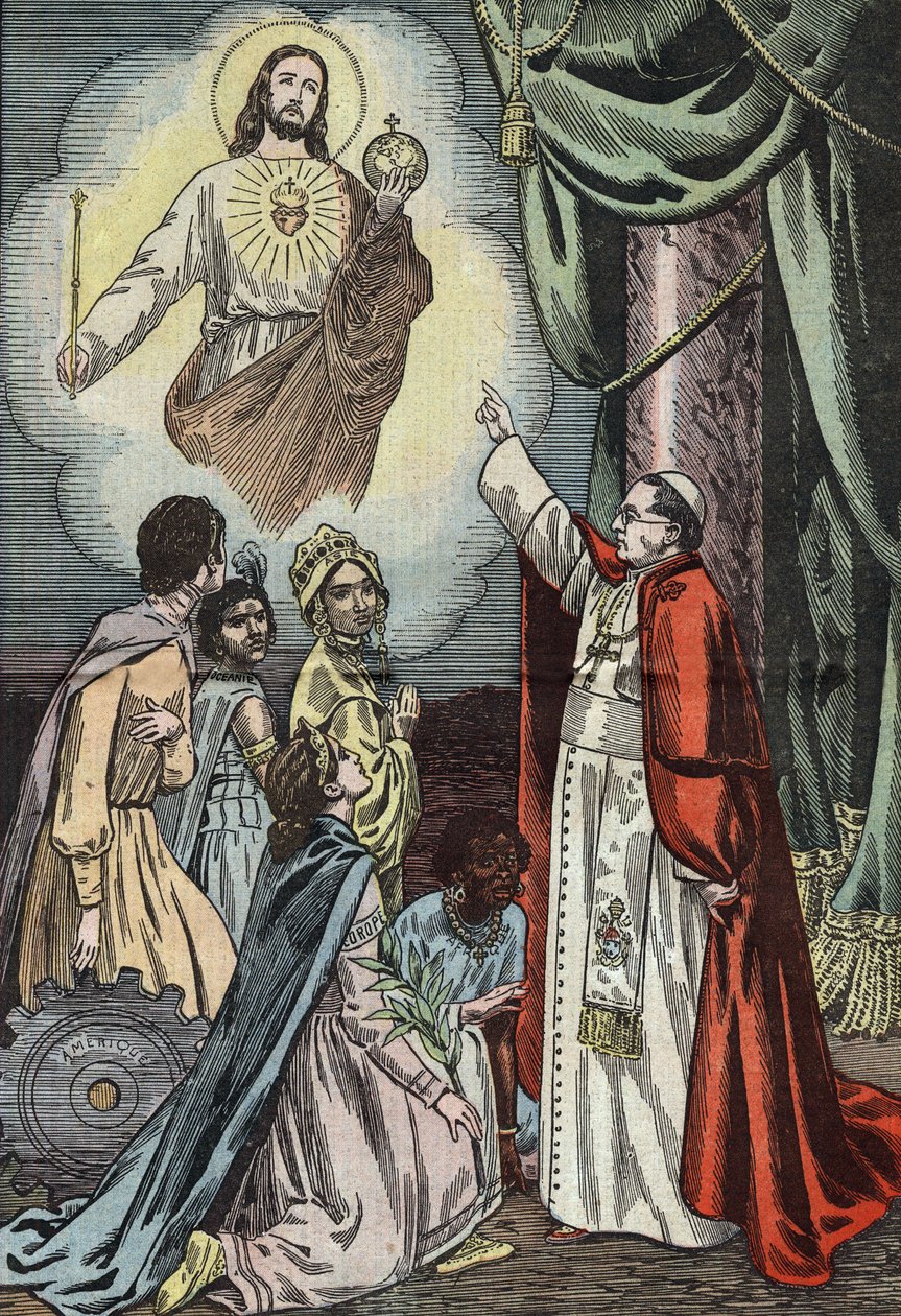 Papa Pio IX instituindo a celebração do reinado social de Jesus Cristo, desenhada por Damblans a partir do jornal francês "Le Pelerin" de 3 de janeiro de Eugene Damblans