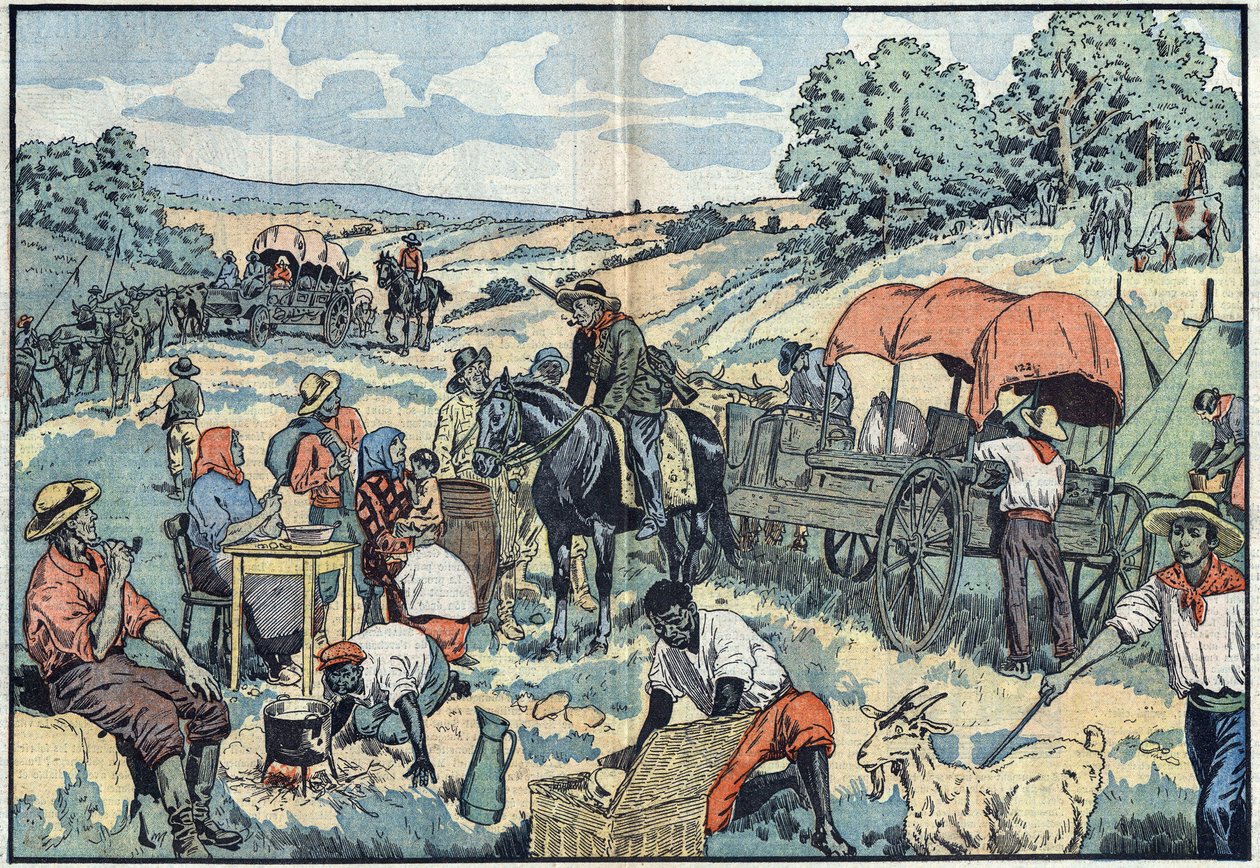 Migração populacional em África: 2000 bôeres deixam a colónia portuguesa de Angola em carruagem para as regiões mais férteis da África do Sul. Ilustração de Damblans em "Le Pelerin" de 30 de Setembro de Eugene Damblans