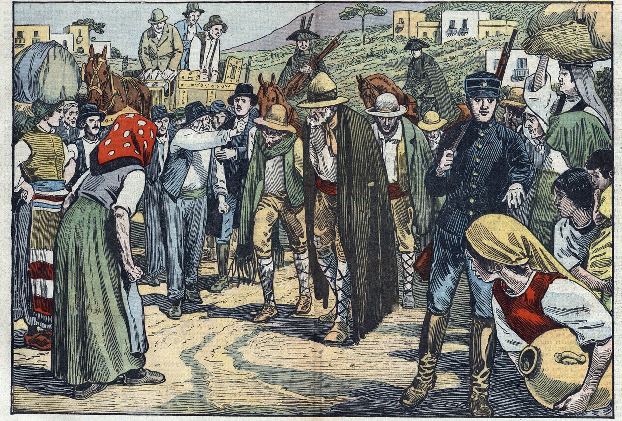 Assaltantes presos pela polícia fascista italiana. Sicília, Itália. Ilustração de Damblans. Em "Le Pelerin" de 14 de fevereiro... de Eugene Damblans