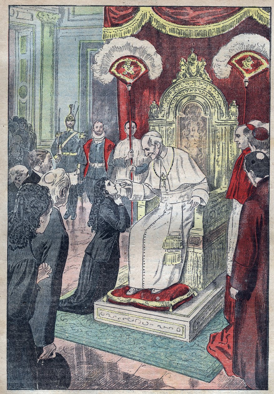 Santa Teresa do Menino Jesus (ou Lisieux 1873-1897) ainda jovem aos pés do Papa Leão XIII, conseguiu entrar no Carmelo aos quinze anos de idade em 1888 - ilustração de Damblans de 1923 de Eugene Damblans