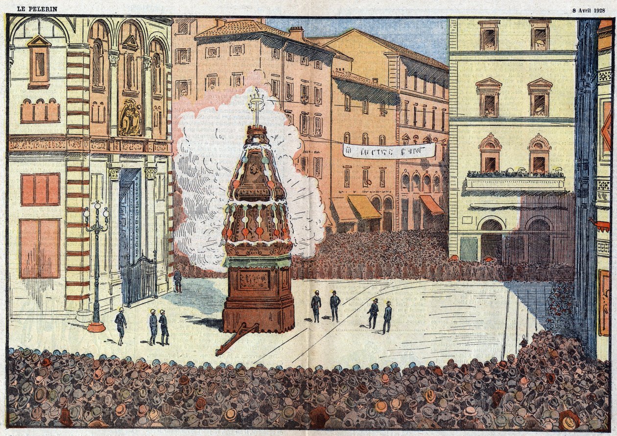 Scoppio del Carro (explosão do carro) evento folclórico da cidade de Florença - ilustração de Damlans de abril de 1928 de Eugene Damblans