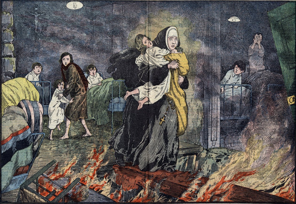Irmã Marie Gabrielle (Marie-Gabrielle) resgatando uma criança durante o incêndio do orfanato de Bernards Ville (Bernards-Ville), nos Estados Unidos. Ilustração de Damblans em "the Pelerin" de 27 de novembro de Eugene Damblans