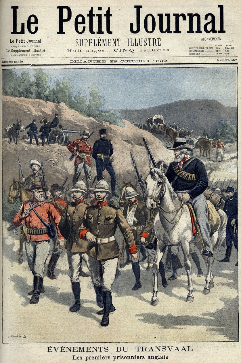 África do Sul - Guerra da Boer. Eventos Transvaal. Os primeiros prisioneiros ingleses capturados pelos bôeres. Sorteio de Damblans. "Le Petity Journal", 29 de Outubro. de Eugene Damblans