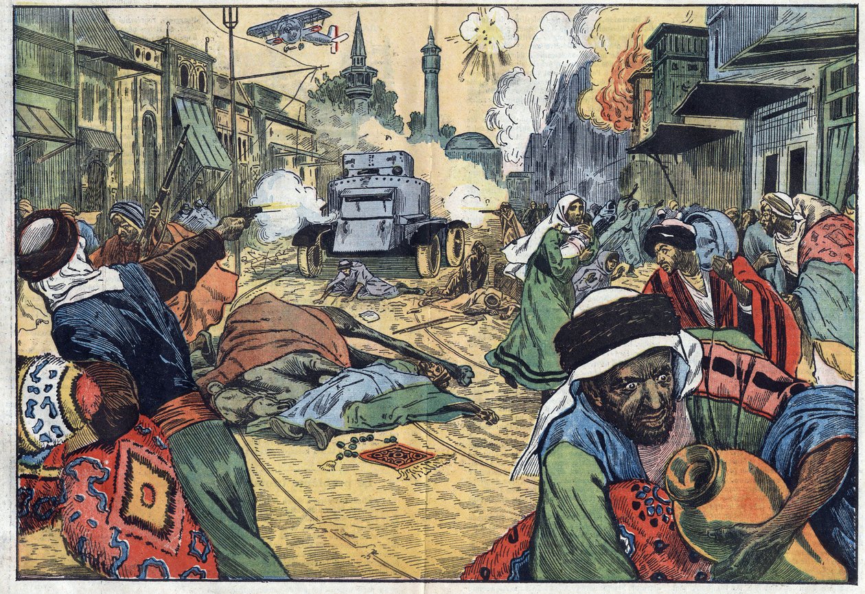 Os drusos saquearam as ruas de Damasco (Síria) durante o ataque à cidade por aviões e uma metralhadora das tropas francesas do General Maurice Sarrail (1856-1929). Ilustração de Damblans. Em "Le Pelerin" de 15 de novembro de Eugene Damblans