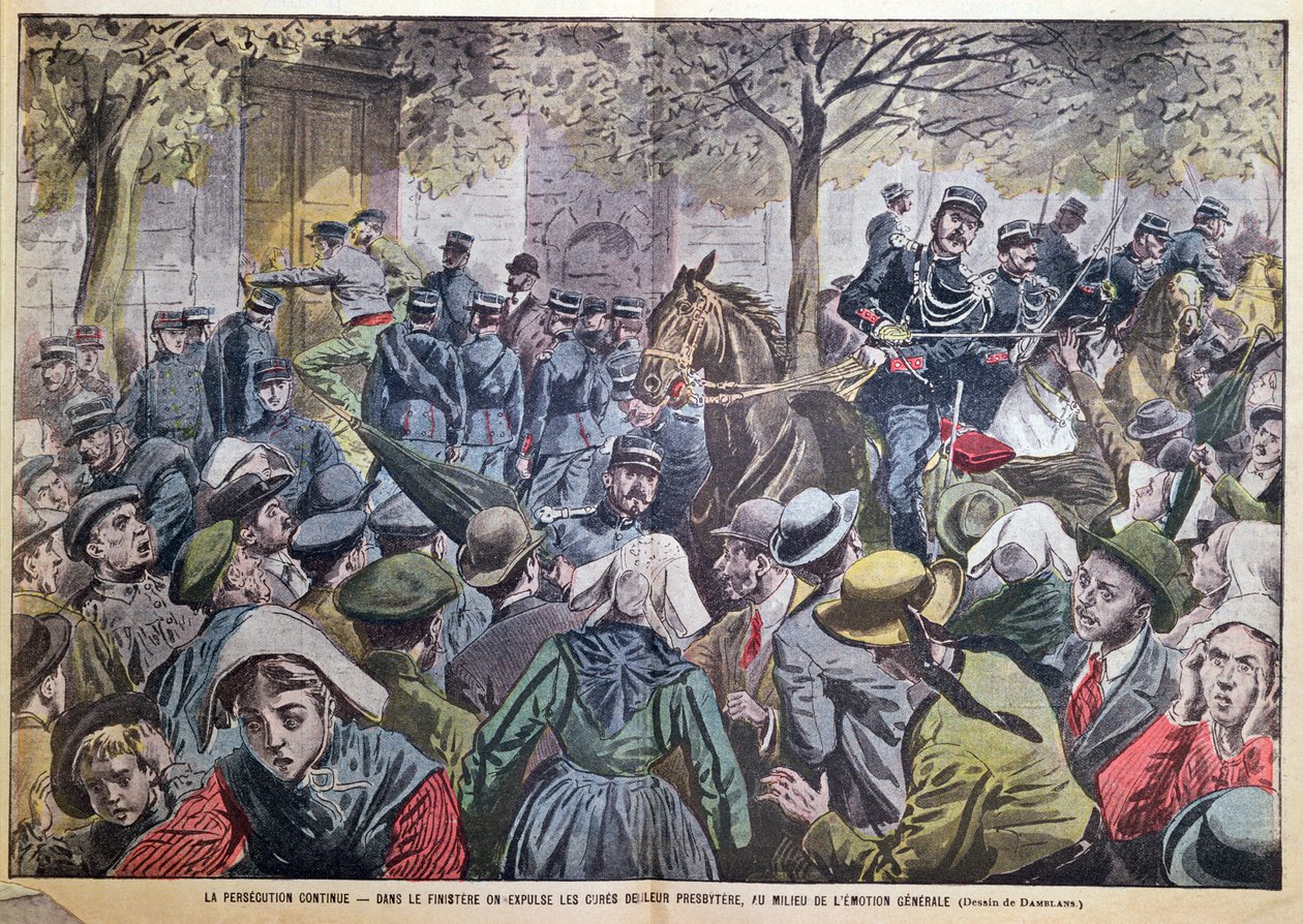 Expulsão dos sacerdotes de seus presbitérios em Finistere, Bretanha, ilustração da revista &39;Le Pelerin&39;, 27 de outubro de 1907 de Eugene Damblans