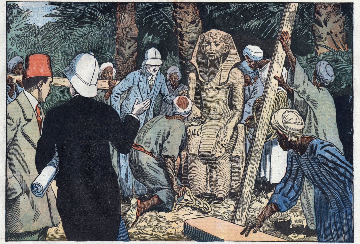 A missão arquéolégica francesa descobre uma estátua do adolescente Sesostris III que será levada ao Louvre. Medamoud, antiga Tebas, Egipto. Ilustração de Damblans. Em "Le Pelerin", de 22 de Novembro. de Eugene Damblans