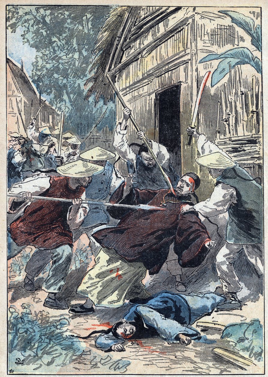 O padre francês Berthollet (1865-1898), sacerdote das Missões Estrangeiras, foi assassinado pelos guardas nacionais chineses perto da cidade de Yun Ngan Cheou (Yun-Ngan-Cheou) a 21 de Abril de 1898. Ilustração de Damblans em "Le Pelerin" de 10 de julho de Eugene Damblans